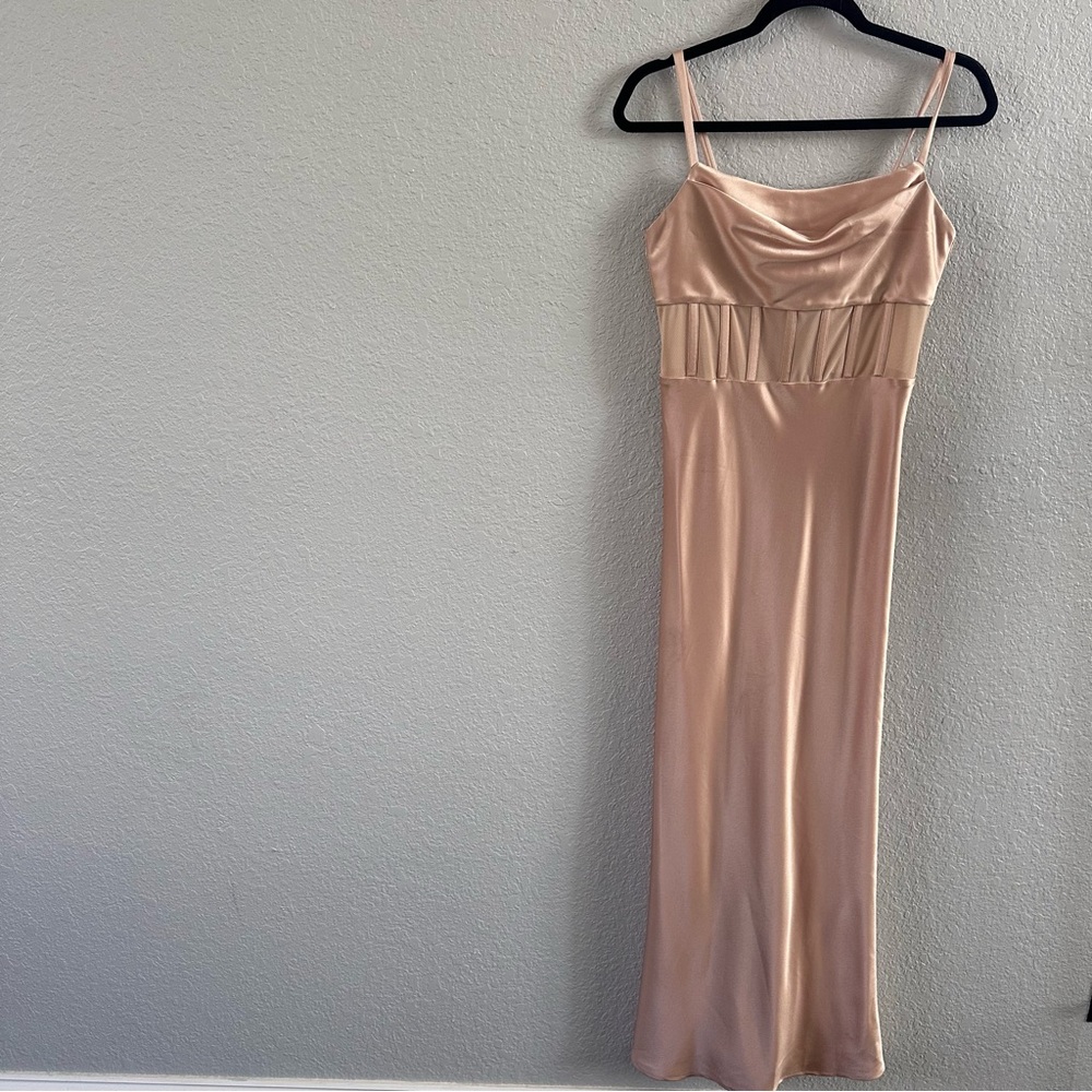 Alice + Olivia Blush Satin Corset Maxi Dress Cowl Neck Zip Back Special Occasion - Picture 2 of 16